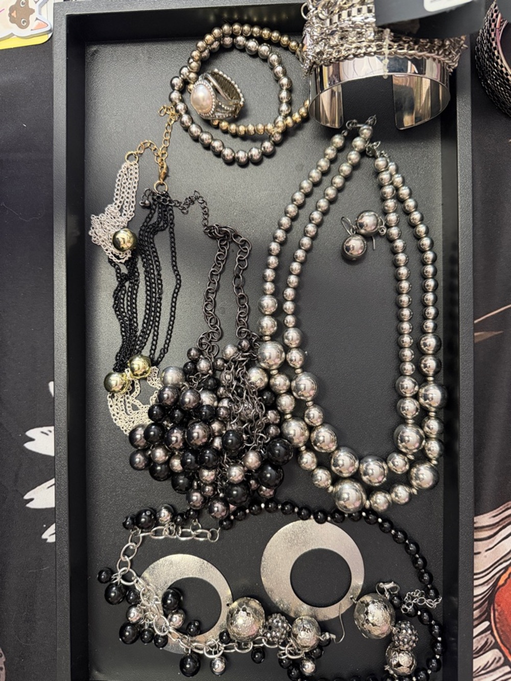 Silver & Black Beaded Statement Necklace Lot